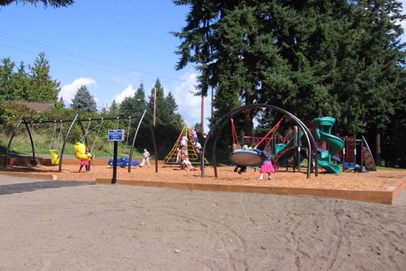 Children play on the playground at Mathay-Ballinger Park in Edmonds, Washington. (Photo provided by The City of Edmonds)