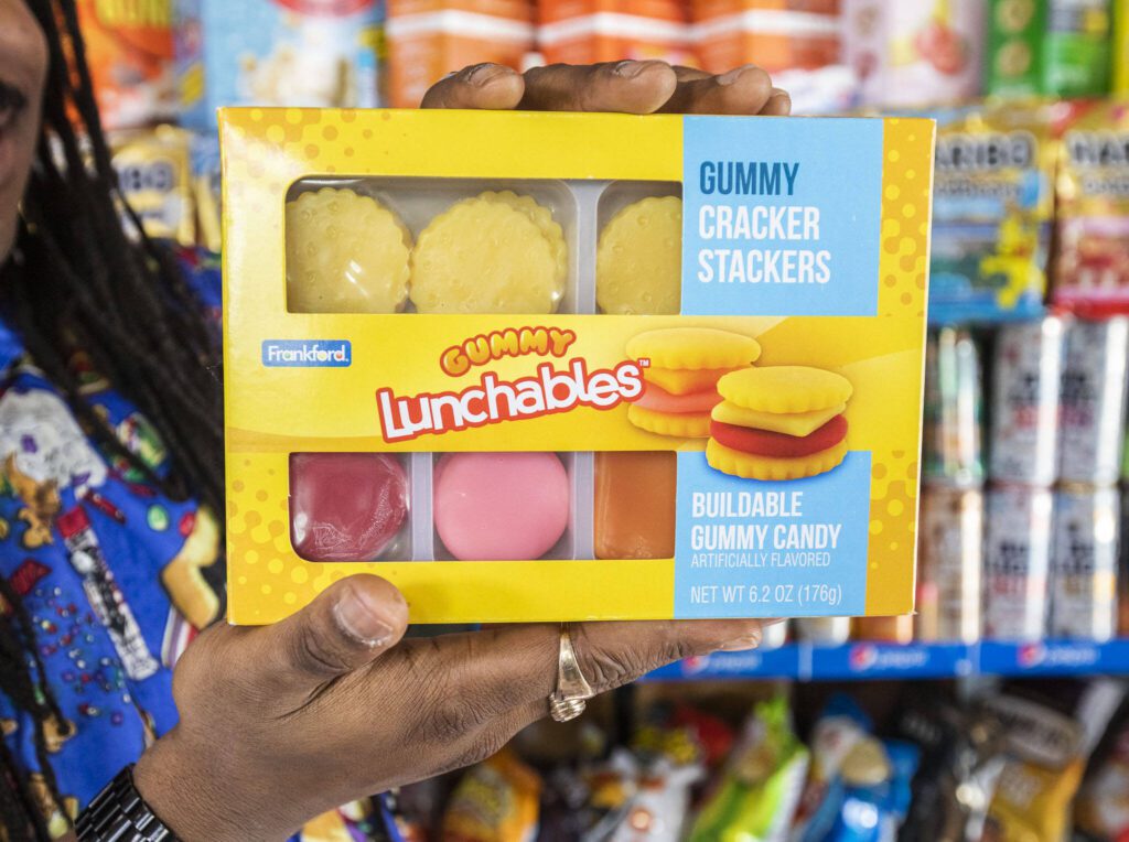 Jaxen McInnis holds a gummy Lunchables set. (Olivia Vanni / The Herald)
