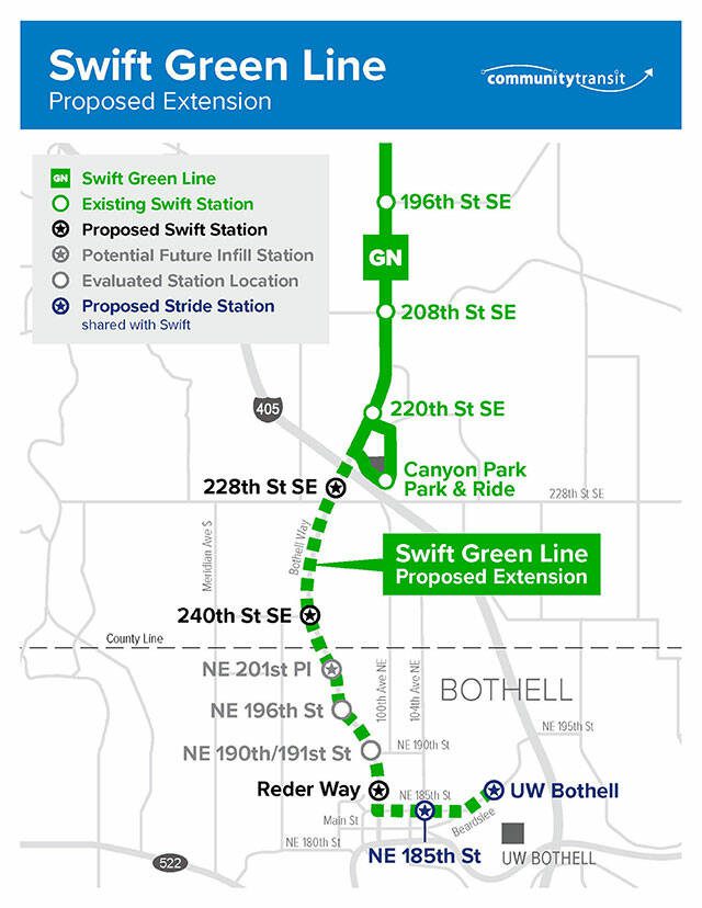 Snohomish County Plans to expand the Swift Bus Rapid Transit service across the county. The Green Line will be extended to serve downtown Bothell, UW Bothell and connect to Sound Transit’s Stride S3 line that will provide service along SR-522. (Map provided by Community Transit) 
