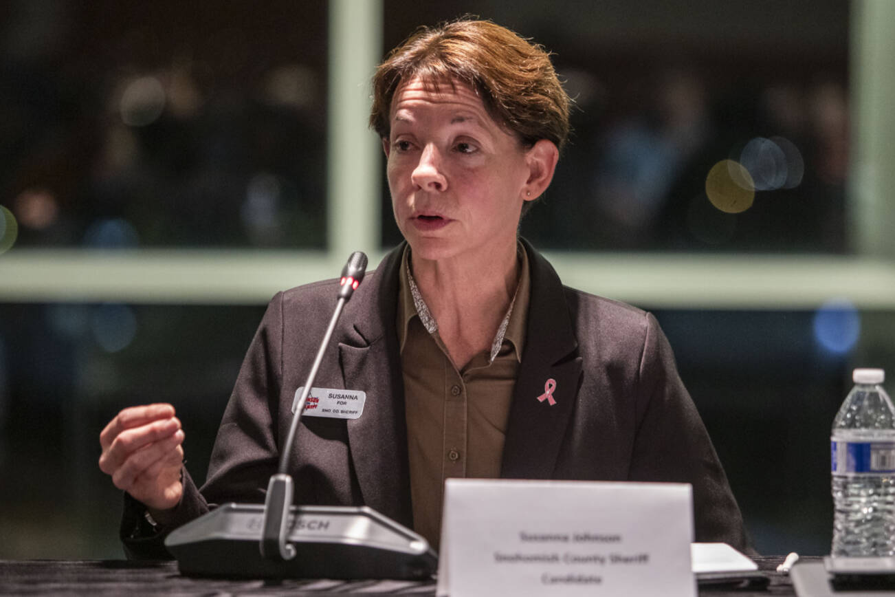 Snohomish County Sheriff candidate Susanna Johnson during an Everett Council of Neighborhoods forum on Monday, Oct. 16, 2023 in Everett, Washington. (Olivia Vanni / The Herald)