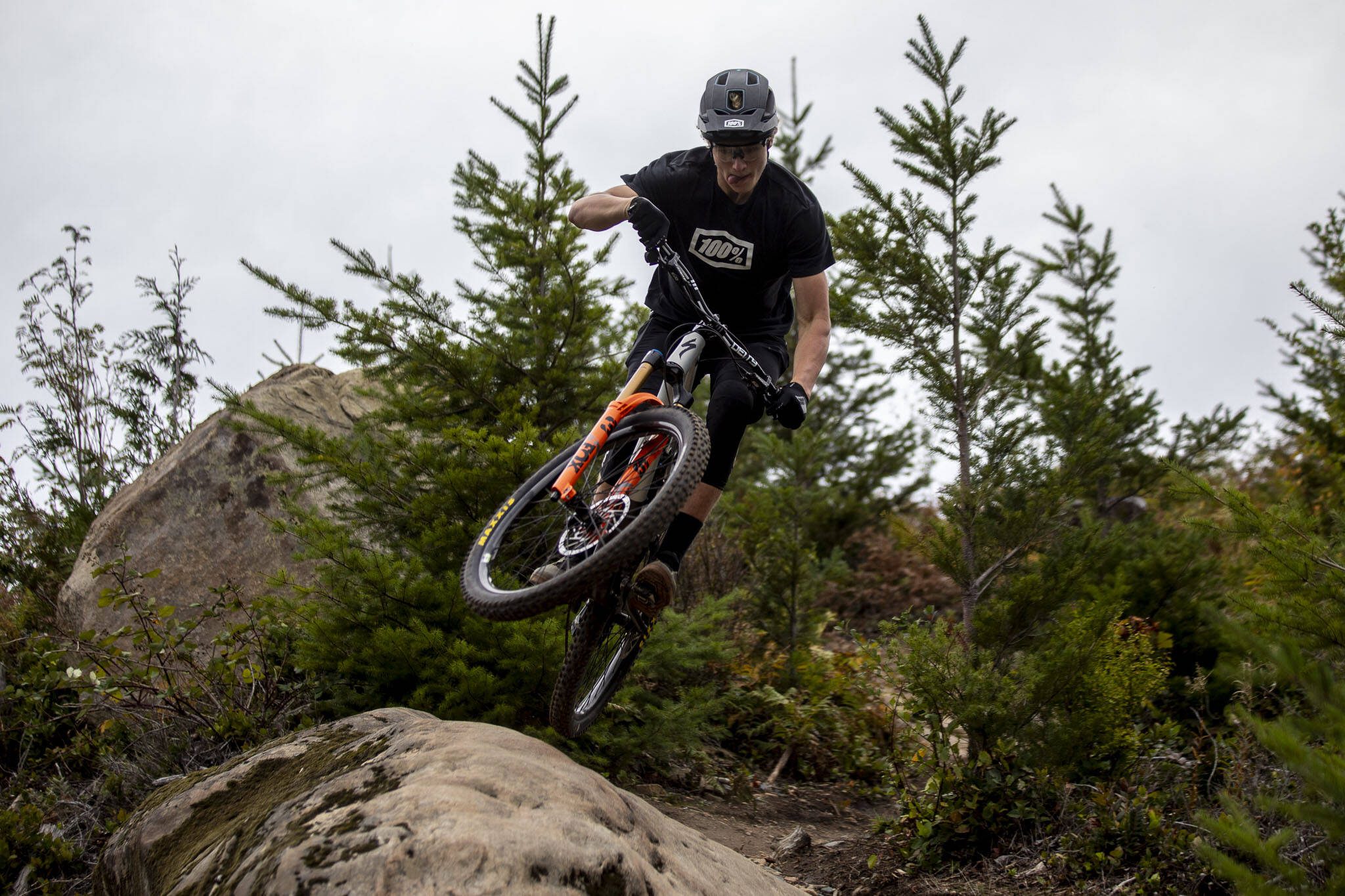 Alden Pate, 19, an international class mountain biker, practices in Bellingham, Washington on Sunday, Oct. 15, 2023. (Annie Barker / The Herald)