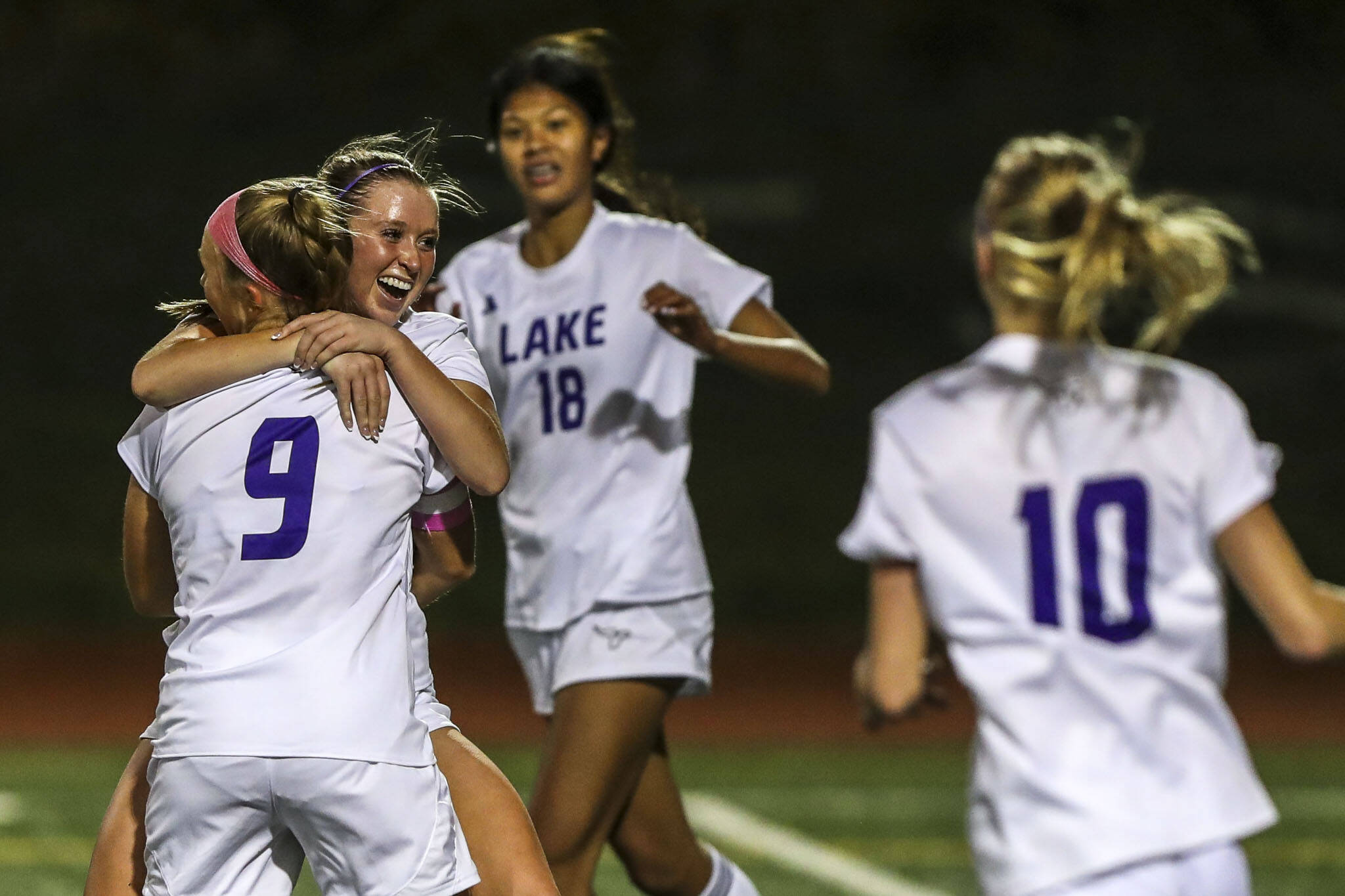 Lake Stevens players react to a goal during a game between Lake Stevens and Kamiak at Kamiak High School in Mukilteo, Washington on Monday, Oct. 23, 2023. Lake Stevens won, 4-2. (Annie Barker / The Herald)