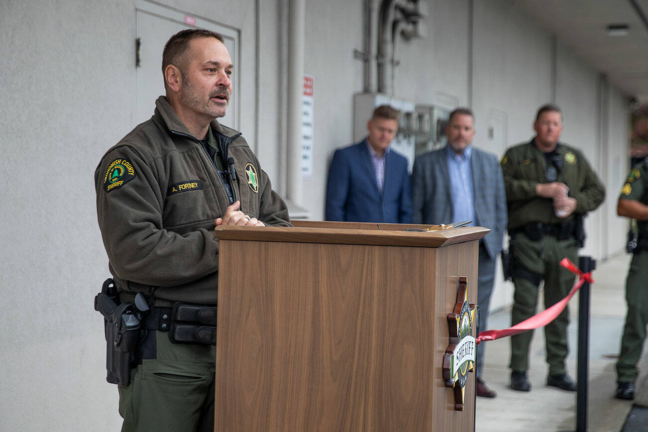 Snohomish County Sheriff Adam Fortney speaks at the opening of the Mariner Square Station on Tuesday, Oct. 24, 2023 in Everett, Washington. (Olivia Vanni / The Herald)