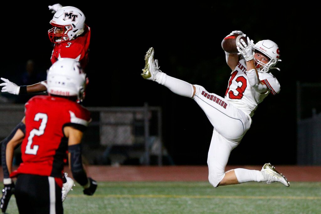Snohomish’s Ryan Steppe comes down with a touchdown catch against Mountlake Terrace on Sept. 8 at Edmonds Stadium. (Ryan Berry / The Herald)
