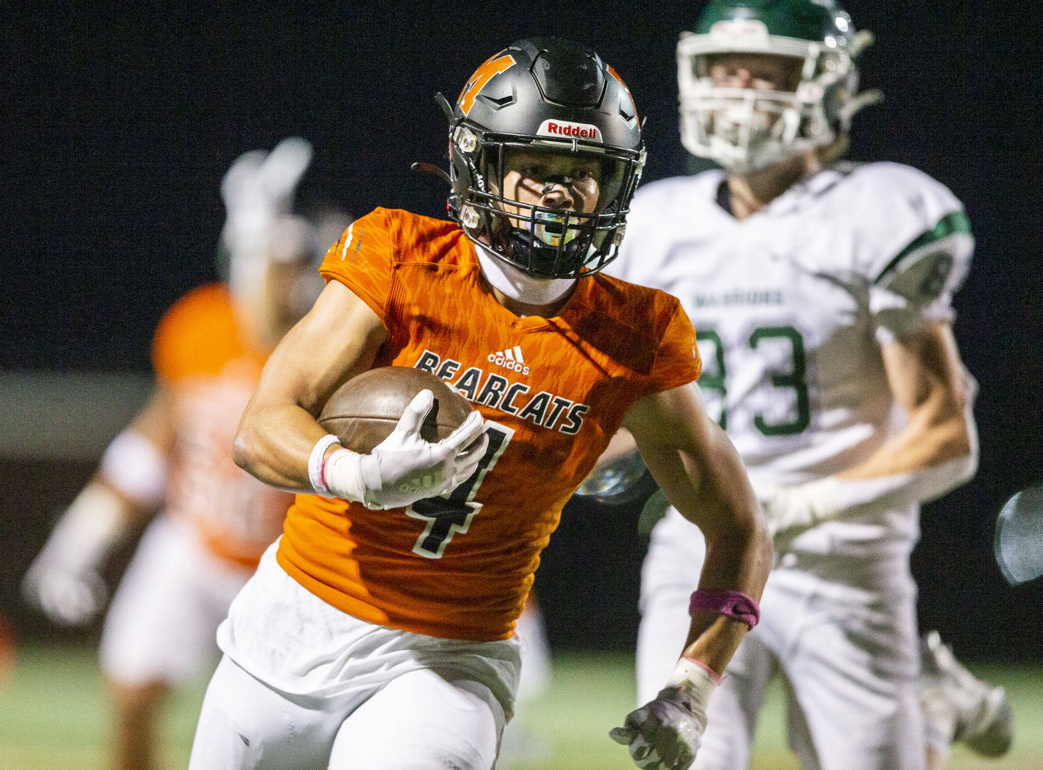 Monroe’s Gavin Ranz runs the ball in for a touchdown during the game against Edmonds-Woodway on Oct. 13 in Monroe. (Olivia Vanni / The Herald)