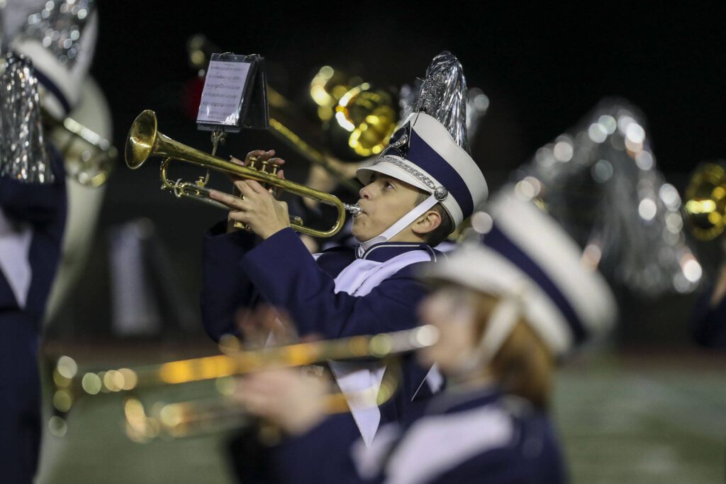 The Glacier Peak marching band performs during a game between Glacier Peak and Lake Stevens at Veterans Memorial Stadium in Snohomish, Washington on Friday, Oct. 27, 2023. Lake Stevens won, 42-7. (Annie Barker / The Herald)
