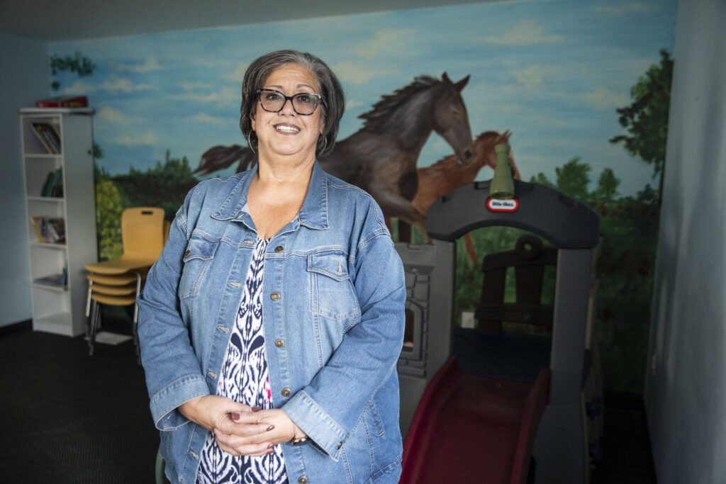 Suzanne Peterson, director of the Everett Gospel Mission’s family shelter, in one of the playrooms on Tuesday, Oct. 3, 2023 in Everett, Washington. (Olivia Vanni / The Herald)
