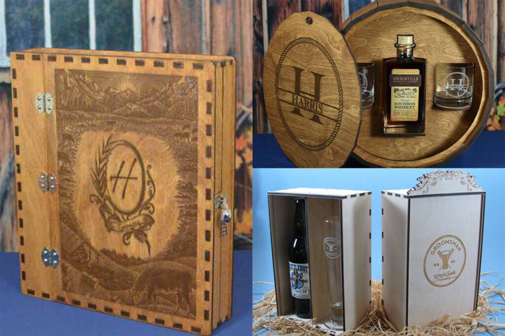 Brad Raynor, of Everett, uses a laser machine to etch designs into wooden binders and bottle cases he constructs. (Photo provided)
