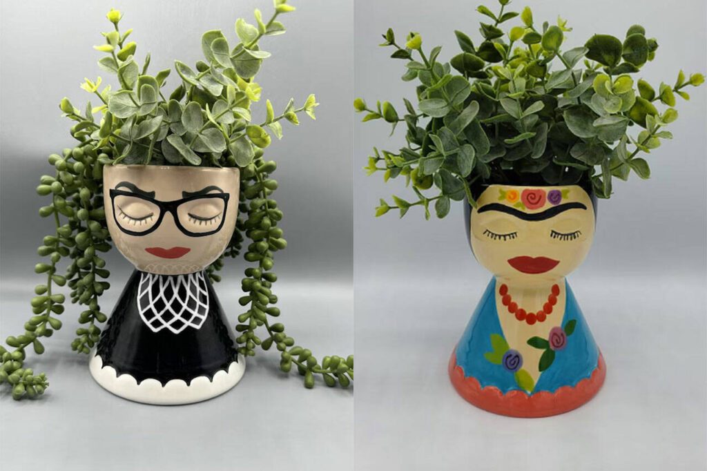 Kim Winfrey, of Camano Island runs The Pottery Nook art studio in Arlington. In her spare time she paints planters like Ruth Bader Ginsburg, left, and Frida Kahlo, right, along with other characters and celebrities. (Photo provided)
