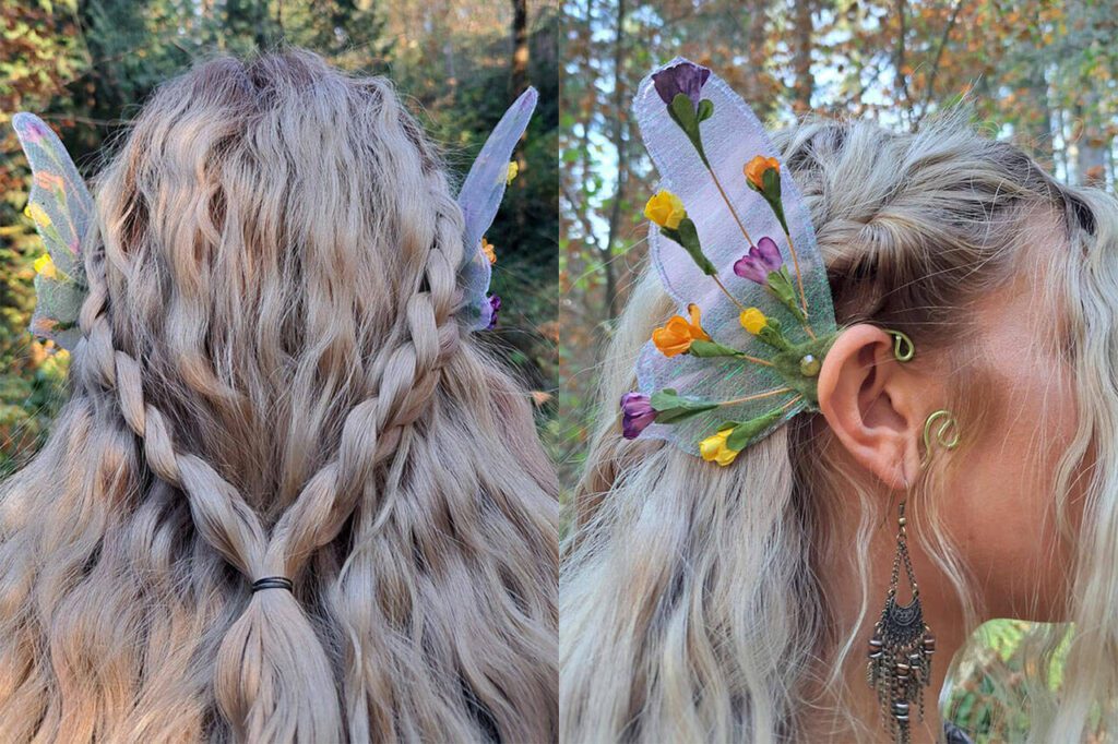 Jenny Graham, of Gold Bar, wears costume ear cuffs made by Shannon Zuanich, of Gold Bar. This pair is from Zuanich’s woodland faerie series. (Photo provided) 
