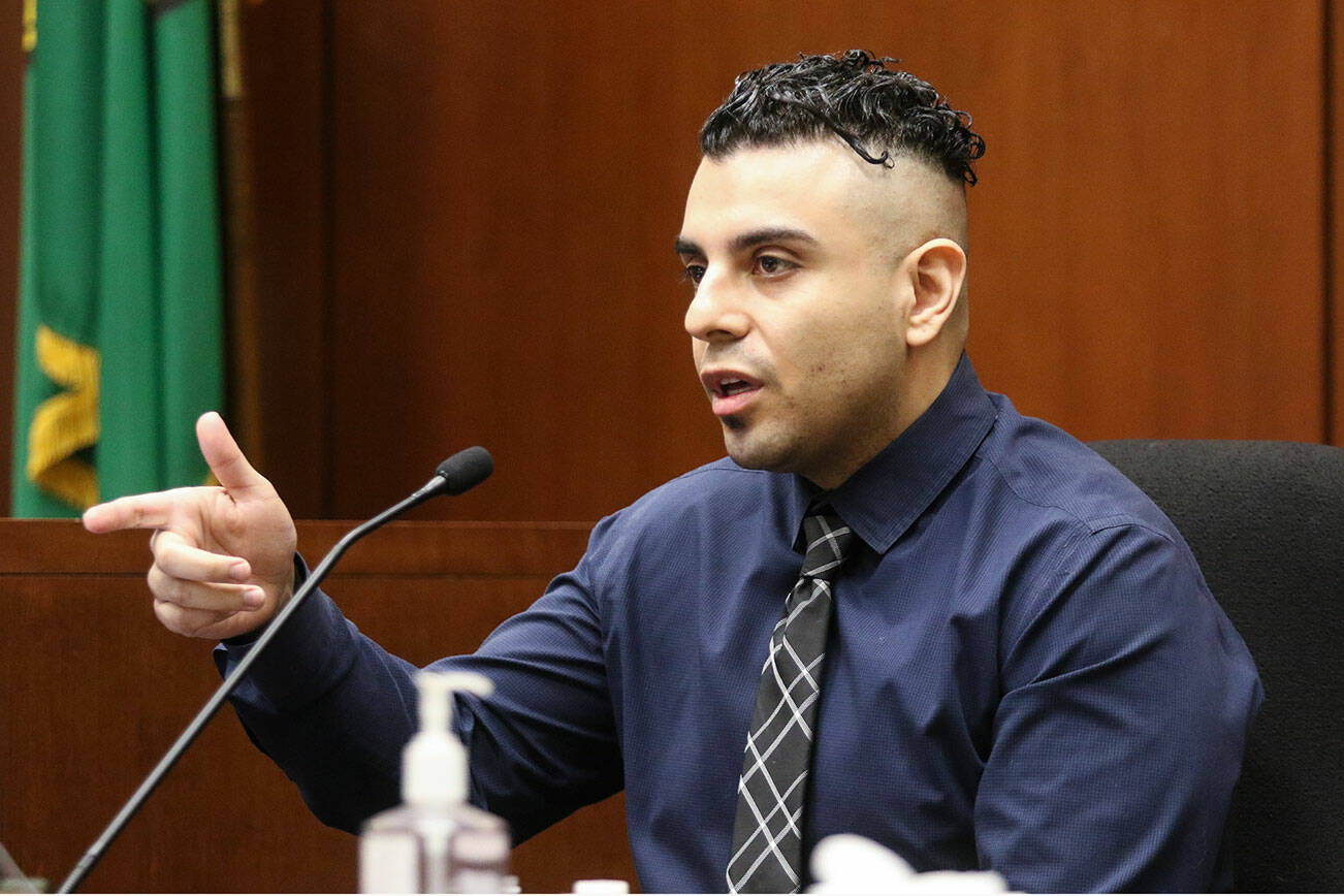 Claiming a man pointed a gun at him, Kevin Rodriguez testifies in court at the Snohomish County Courthouse on Thursday, June 10, 2021, in Everett, Washington. Rodriguez was convicted of manslaughter for killing Evodio Garcia Martinez. (Andy Bronson / The Herald)