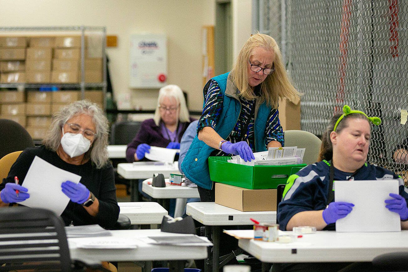 Election workers remove ballots from their envelopes before sending them to be counted at the Snohomish County Auditor’s office on Friday, Nov. 3, 2023, in downtown Everett, Washington. (Ryan Berry / The Herald)