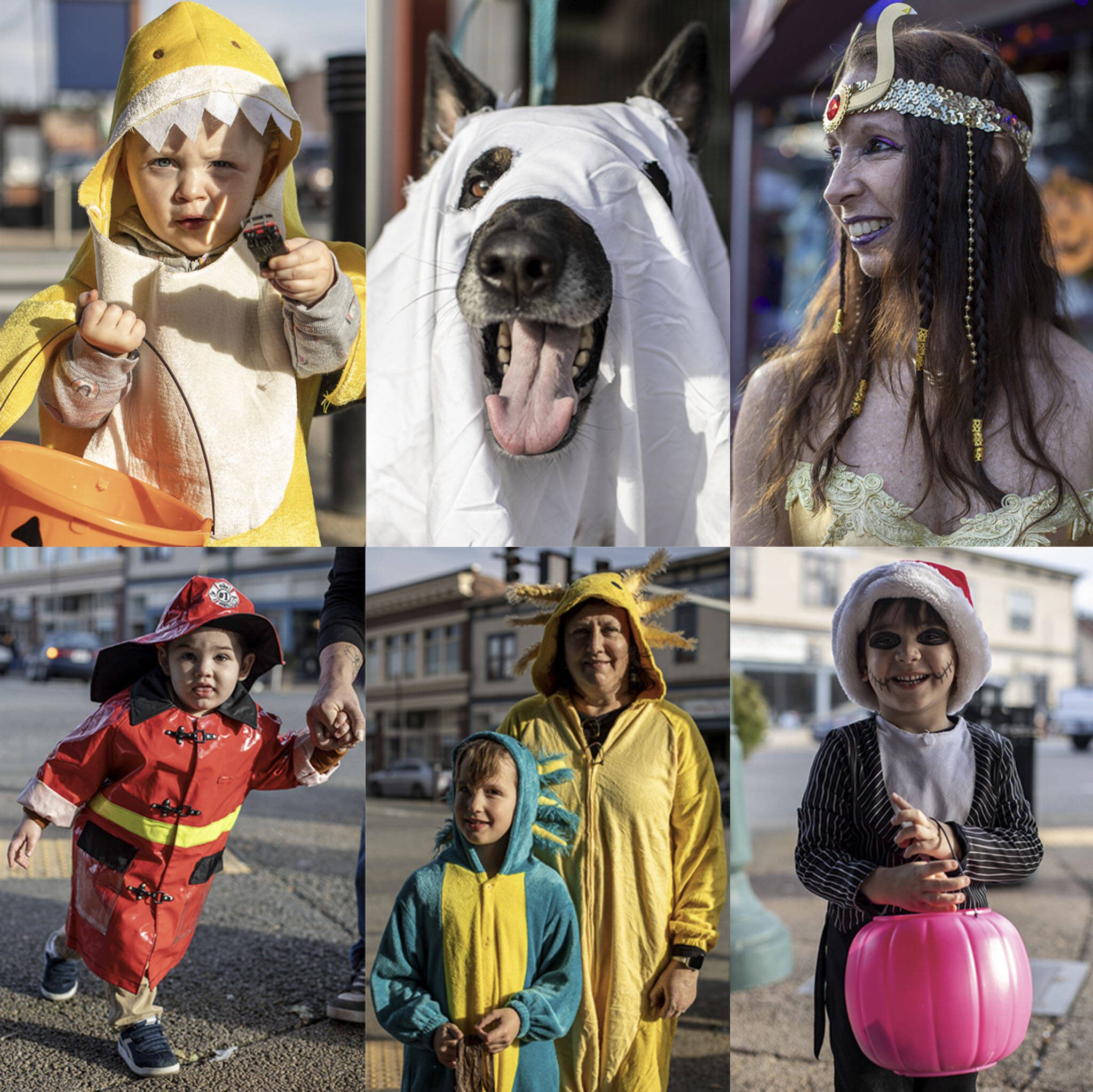 Top left to bottom right: Nova Eckaus, 2, Dax, 5, Robin Roth, Ernest Salvator-Thaete, 2, Kannon S., 6, Sheila S., and Callum, 3. A collection of portraits from the Downtown Trick or Treat event in Monroe, Washington on Tuesday, Oct. 31, 2023. Children, teens and families walked Main Street to collect candy from local businesses. Dogs sported costumes as well and decorations adorned buildings. (Annie Barker / The Herald)