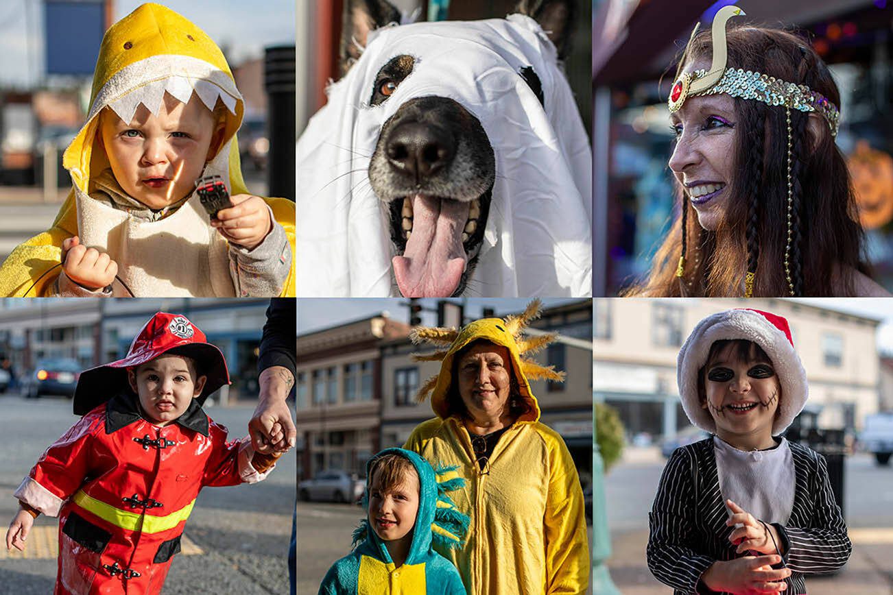 Top left to bottom right: Nova Eckaus, 2, Dax, 5, Robin Roth, Ernest Salvator-Thaete, 2, Kannon S., 6, Sheila S., and Callum, 3. A collection of portraits from the Downtown Trick or Treat event in Monroe, Washington on Tuesday, Oct. 31, 2023. Children, teens and families walked Main Street to collect candy from local businesses. Dogs sported costumes as well and decorations adorned buildings. (Annie Barker / The Herald)