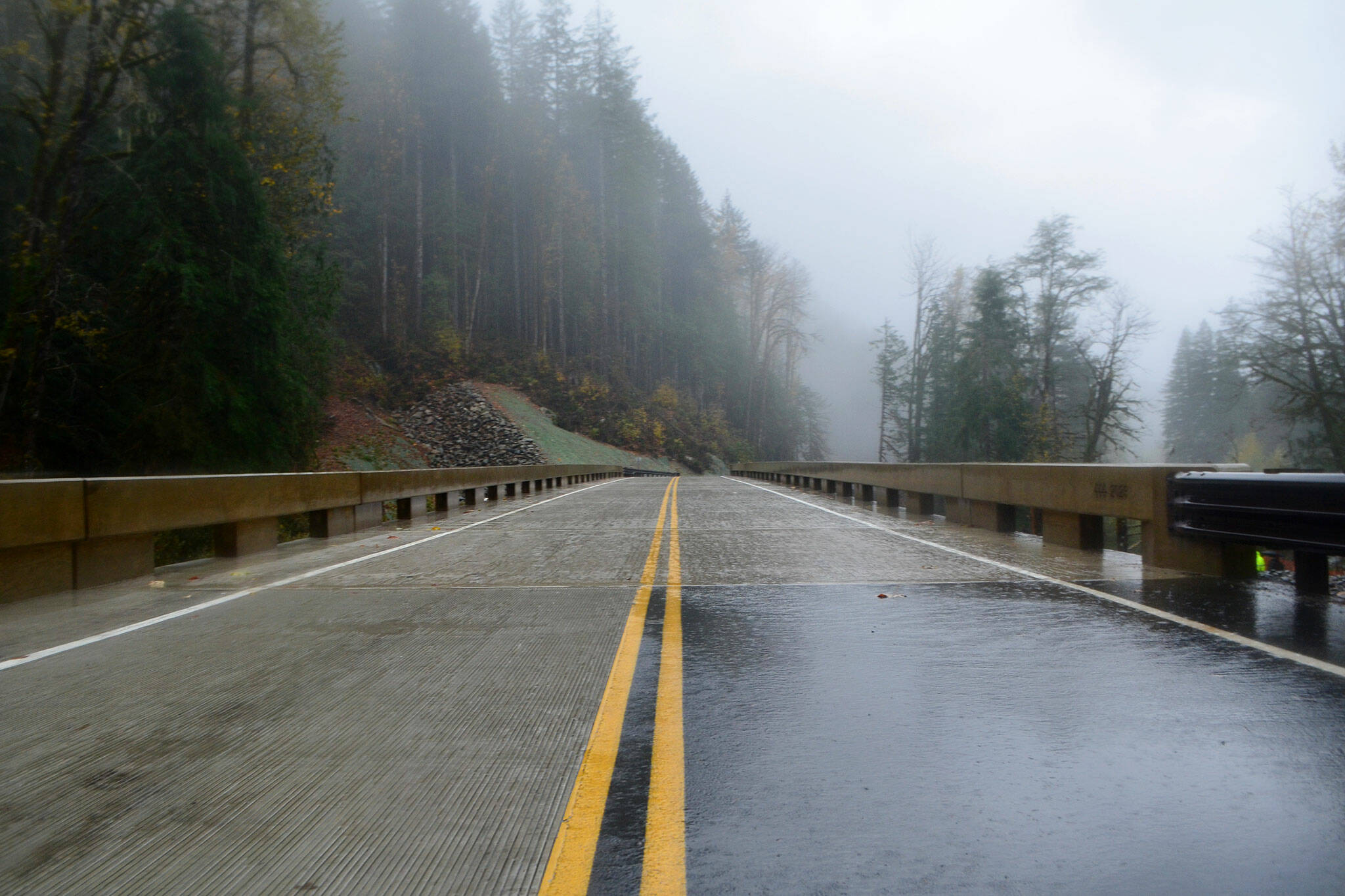 The newly rebuilt section of Index-Galena Road is pictured on Saturday, Nov. 4, 2023, near Index, Washington. (Jordan Hansen / The Herald)