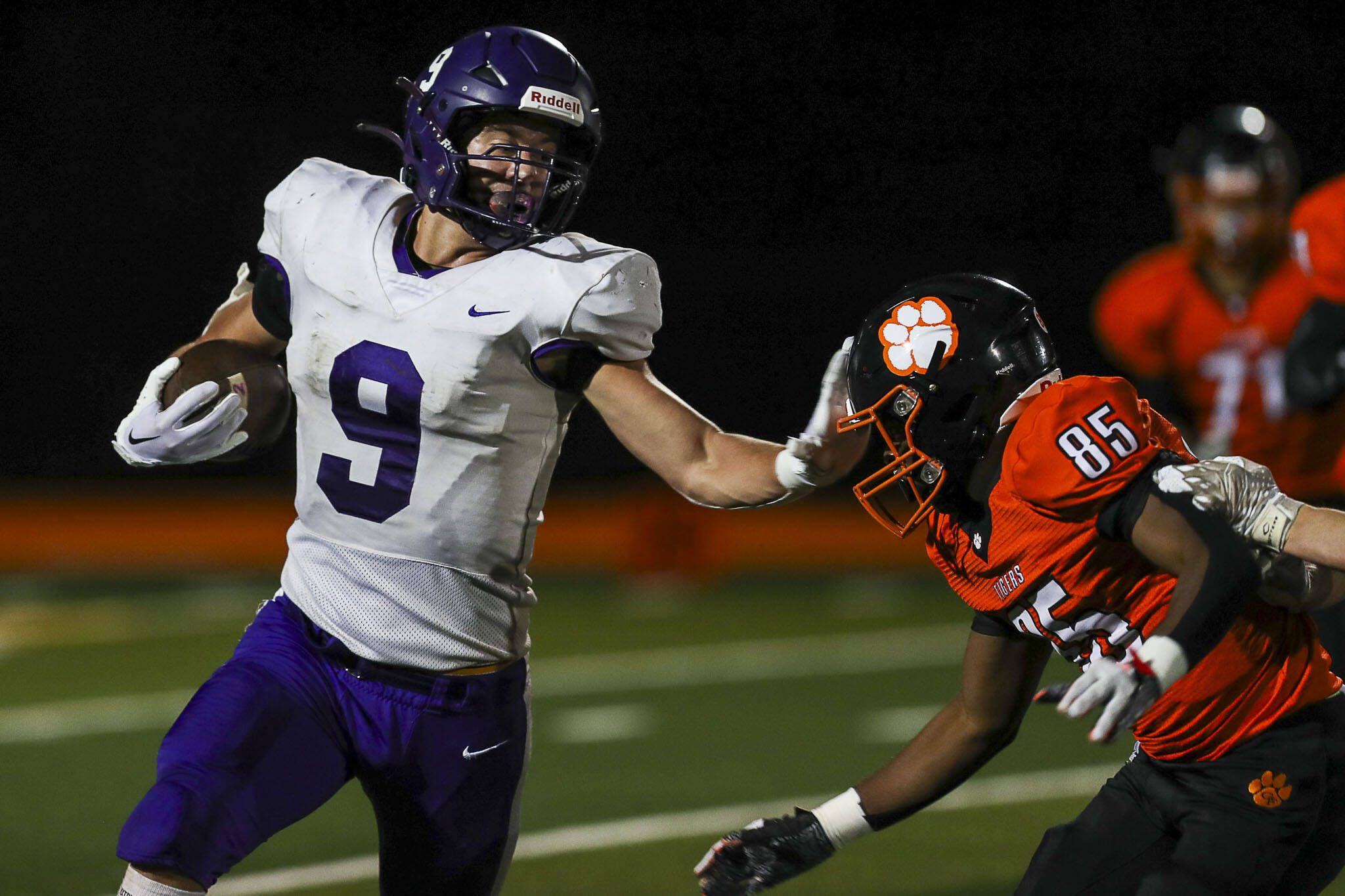 Nooksack Valley’s Colton Lentz (9) runs with the ball during a game between Granite Falls and Nooksack Valley at Granite Falls High School in Granite Falls, Washington on Friday, Nov. 3, 2023. Nooksack Valley won, 56-0. (Annie Barker / The Herald)