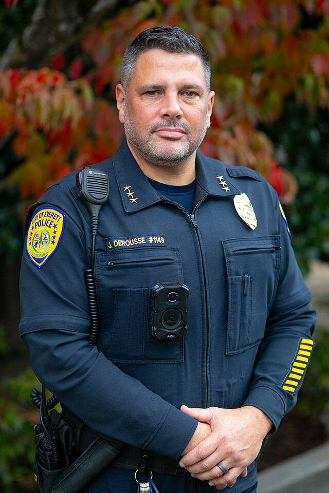 New Everett Police Chief John DeRousse stands in front of the department’s north precinct Thursday, Nov. 9, 2023, in downtown Everett, Washington. (Ryan Berry / The Herald)