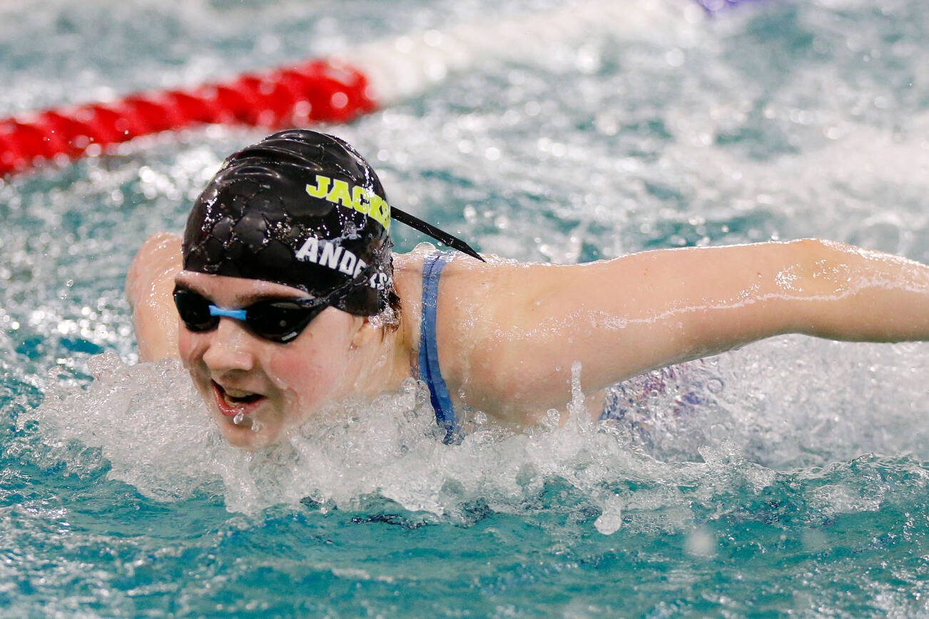 Jackson’s Elissa Anderson takes second and qualifies for state in the 100 yard butterfly during the Wesco 4A Girls Swim and Dive Finals on Saturday, Nov. 4, 2023, at the Snohomish Aquatic Center in Snohomish, Washington. (Ryan Berry / The Herald)