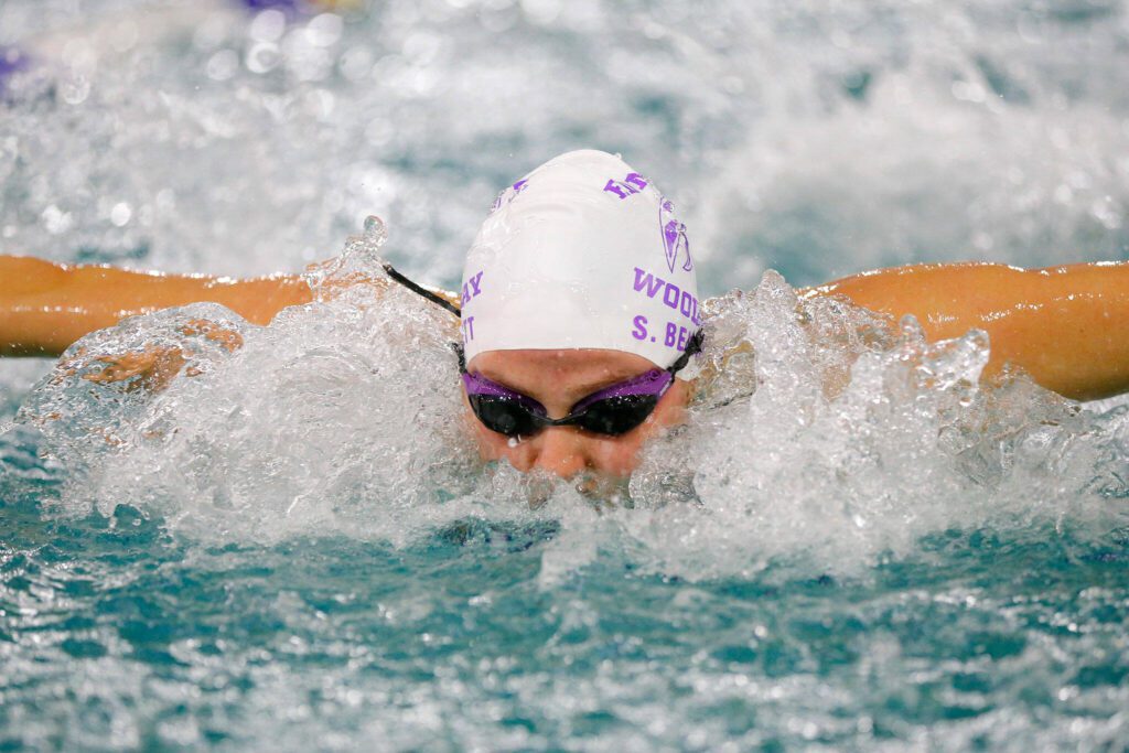 Edmonds-Woodway junior Simone Bennett swims in the 100 yard butterfly during the Wesco 3A Division 1 Girls Swim and Dive Finals on Saturday, Nov. 4, 2023, at the Snohomish Aquatic Center in Snohomish, Washington. (Ryan Berry / The Herald)

