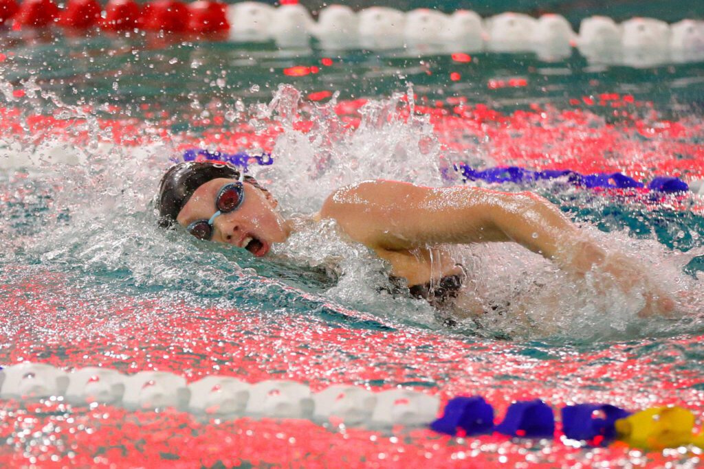 Snohomish senior Mary Clarke heads to the final turn in the 100 yard freestyle during the Wesco 3A Division 1 Girls Swim and Dive Finals on Saturday, Nov. 4, 2023, at the Snohomish Aquatic Center in Snohomish, Washington. (Ryan Berry / The Herald)
