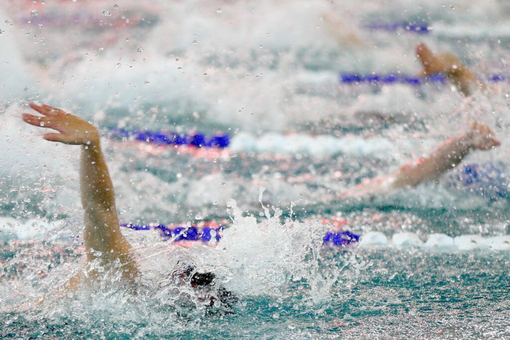 Water flies as Mountlake Terrace junior Jeslyn Vuong takes first in the 50 yard freestyle during the Wesco 3A Division 1 Girls Swim and Dive Finals on Saturday, Nov. 4, 2023, at the Snohomish Aquatic Center in Snohomish, Washington. (Ryan Berry / The Herald)
