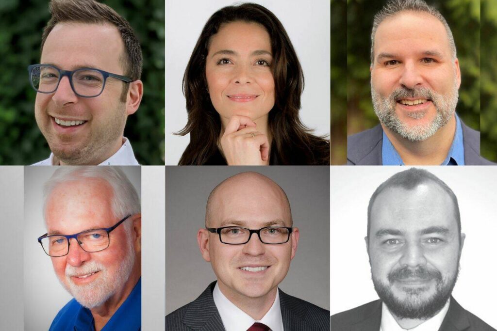 Top row: Nick Coelho, left, Julieta Altamirano-Crosby, David Parshall Bottom row: Jim Smith, left, Robert Leutwyler, Derek Hanusch
