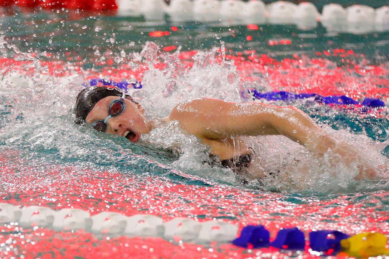 Snohomish senior Mary Clarke heads to the final turn in the 100 yard freestyle during the Wesco 3A Division 1 Girls Swim and Dive Finals on Saturday, Nov. 4, 2023, at the Snohomish Aquatic Center in Snohomish, Washington. (Ryan Berry / The Herald)