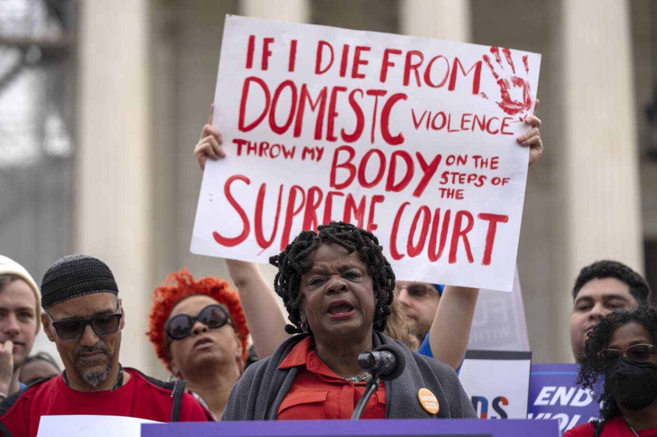 U.S. Rep. Gwen Moore, D-Wis., speaks during a rally at the Supreme Court on Tuesday, Nov. 7 in Washington. The Supreme Court is taking up a challenge to a federal law that prohibits people from having guns if they are under a court order to stay away from their spouse, partner or other family members. (Mark Schiefelbein / Associated Press)