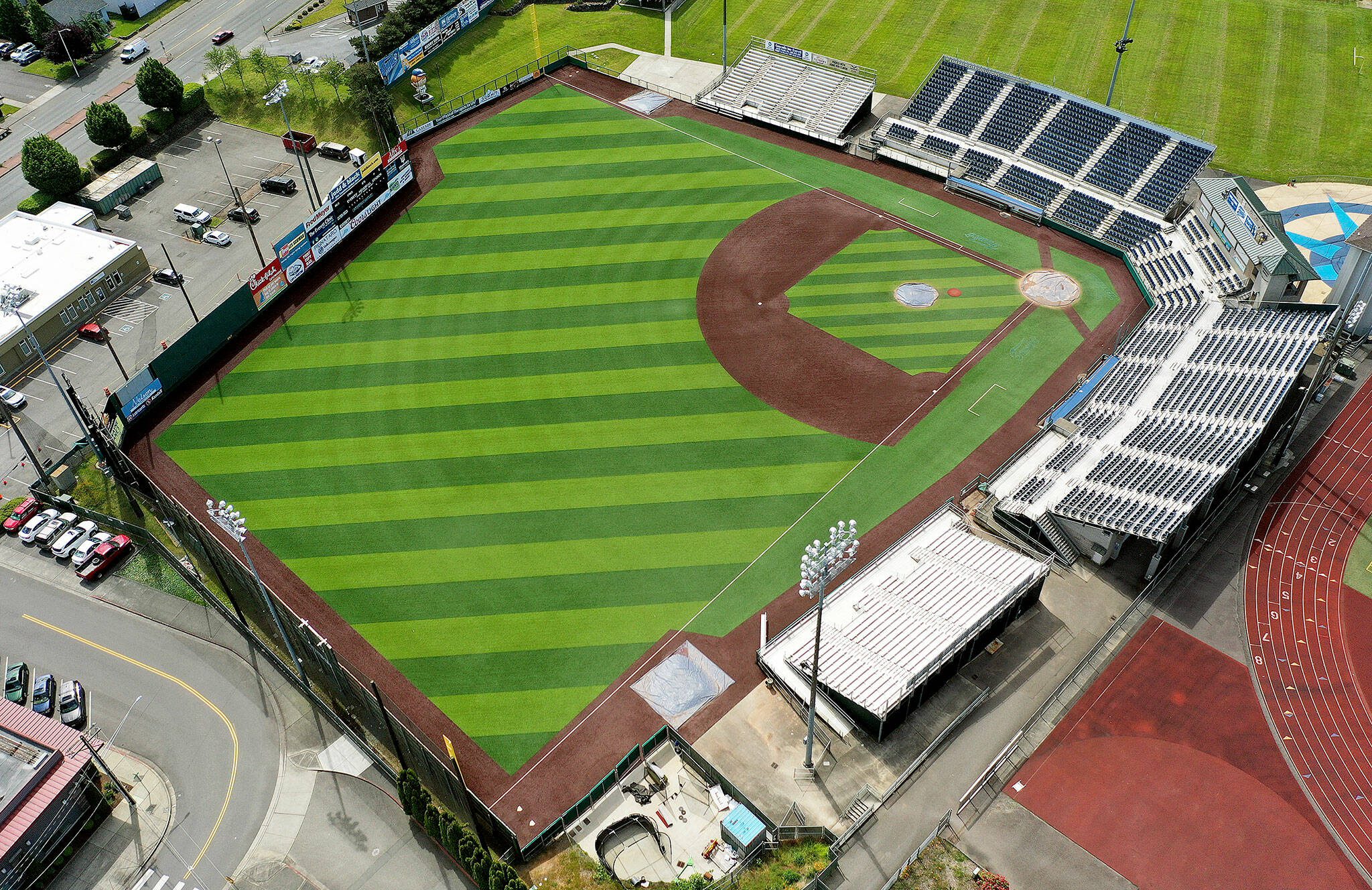 An aerial view of Funko Field at Memorial Stadium in Everett, home of the Everett AquaSox High-A baseball team. (Chuck Taylor / The Herald)