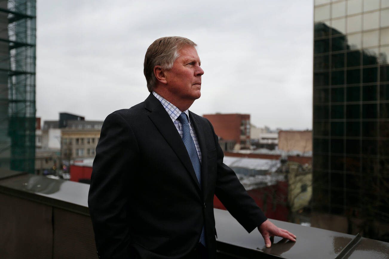 Ray Stephanson, former Everett mayor, looks over the city during a photo of 2015 in Everett, Washington. Stephanson sees  Utah’s “housing first” model – dealing with homelessness first before tackling related issues – is one Everett and Snohomish County should adopt. (Andy Bronson/ The Herald)