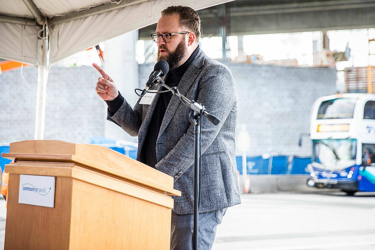 Senator Marko Liias speaks at the ground breaking of the Swift Orange Line on Tuesday, April 19, 2022 in Lynnwood, Washington. (Olivia Vanni / The Herald)