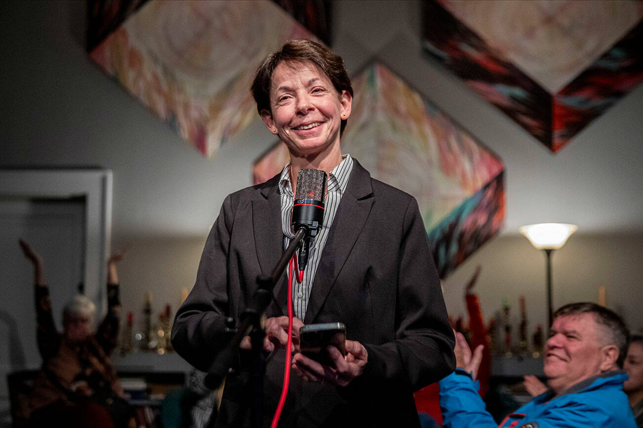 Susanna Johnson delivers preliminary election results stating she is in the lead for the Snohomish County Sheriff 2023 election at 230 Ave B. in Snohomish, Washington on Tuesday, Nov. 7, 2023. (Annie Barker / The Herald)