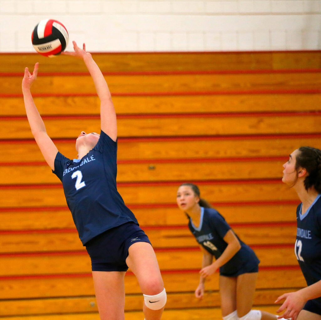 Meadowdale senior Laiken Thoesen sets the ball to a teammate during a Wesco 3A District volleyball matchup against Shorewood on Thursday, Nov. 9, 2023, at Marysville Pilchuck High School in Marysville, Washington. (Ryan Berry / The Herald)
