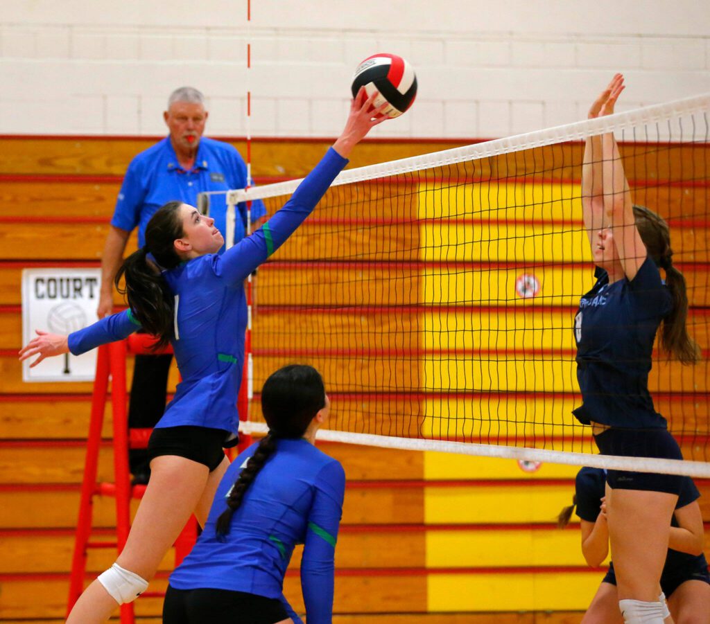 Shorewood senior Lila Curtis tips the ball over the net during a Wesco 3A District volleyball matchup against Meadowdale on Thursday, Nov. 9, 2023, at Marysville Pilchuck High School in Marysville, Washington. (Ryan Berry / The Herald)
