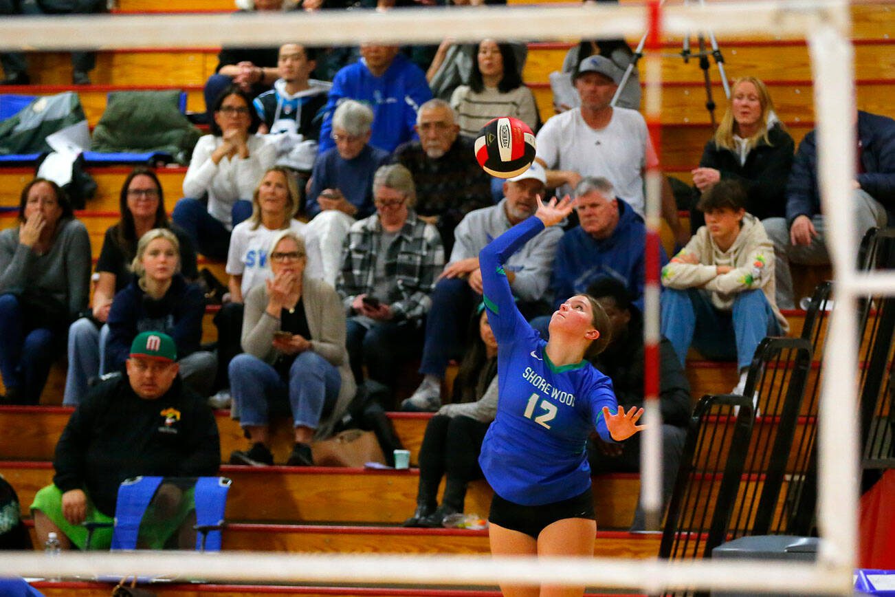 Shorewood freshman Ashley Anderson serves during a Wesco 3A District volleyball matchup against Meadowdale on Thursday, Nov. 9, 2023, at Marysville Pilchuck High School in Marysville, Washington. (Ryan Berry / The Herald)