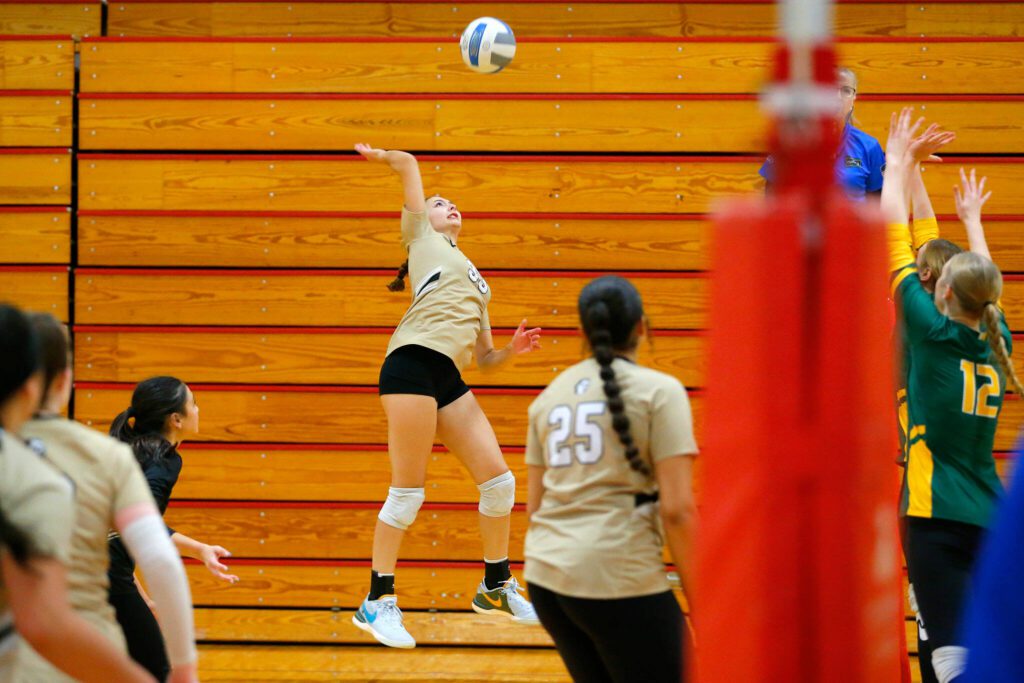 Lynnwood outside hitter Sammy Holmer goes for a kill during a Class 3A District 1 volleyball match against Shorecrest on Thursday at Marysville Pilchuck High School in Marysville. (Ryan Berry / The Herald)
