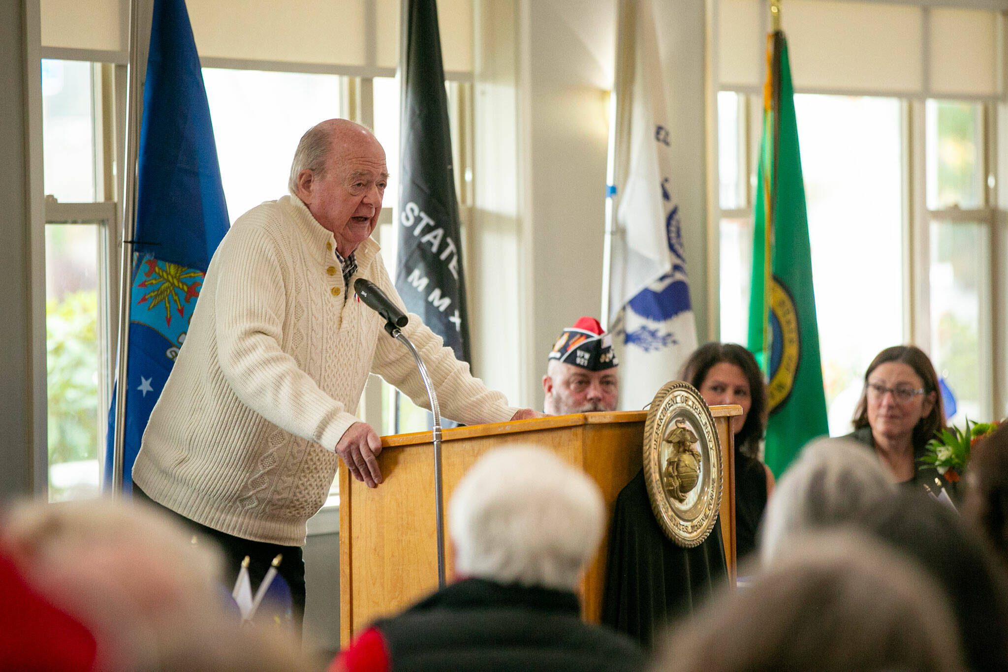 U.S. Army veteran George Michael Taylor shares his stories from the Vietnam War during a Veterans Day program at the Snohomish Senior Center on Friday, Nov. 10, 2023, in Snohomish, Washington. (Ryan Berry / The Herald)