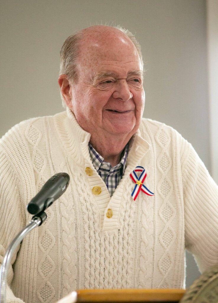 U.S. Army veteran George Michael Taylor smiles after cracking a joke during a Veterans Day program at the Snohomish Senior Center on Friday, Nov. 10, 2023, in Snohomish, Washington. (Ryan Berry / The Herald)
