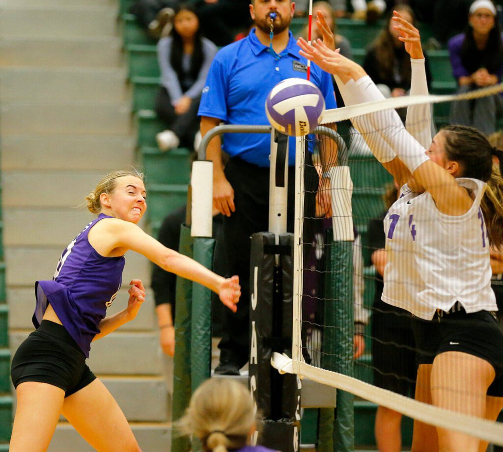 Lake Stevens’ Jayci Scrivens gets blocked by North Creek during the Wesco 4A district 1/2 championship match Saturday, Nov. 11, 2023, at Henry M. Jackson High School in Mill Creek, Washington. (Ryan Berry / The Herald)

