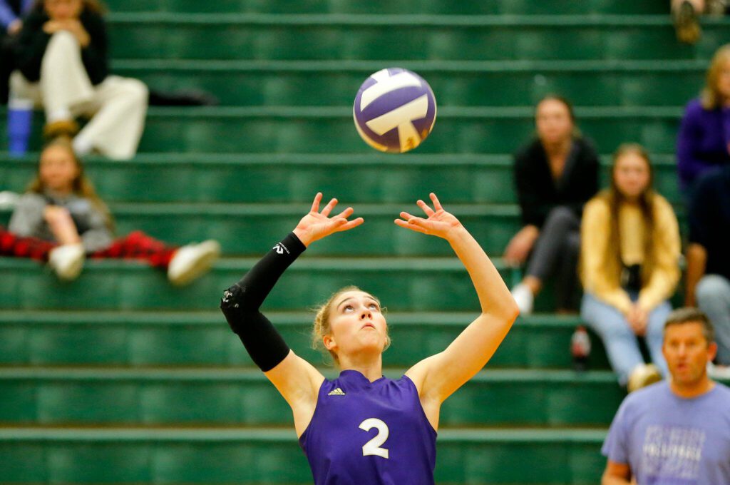 Lake Stevens setter Katelyn Eichert sets the ball against North Creek during the Wesco 4A district 1/2 championship match Saturday, Nov. 11, 2023, at Henry M. Jackson High School in Mill Creek, Washington. (Ryan Berry / The Herald)
