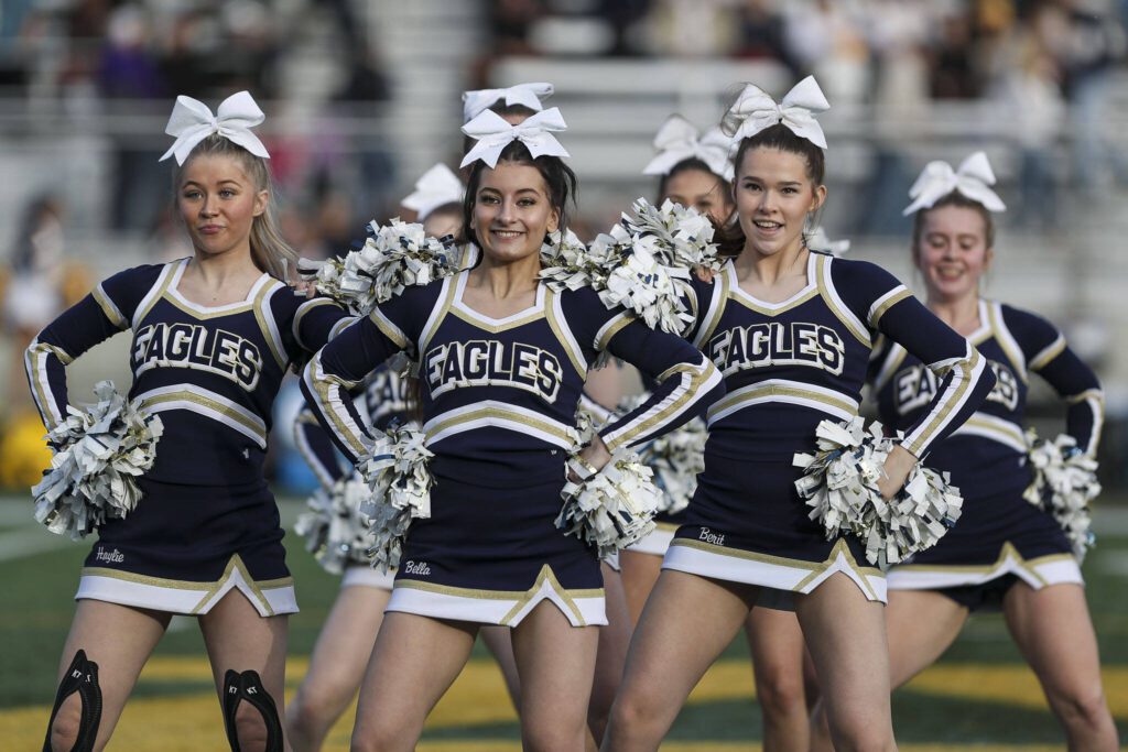 Arlington cheerleaders perform during the Arlington and Bellevue Class 3A state quarterfinal game at Arlington High School in Arlington, Washington on Saturday, Nov. 18, 2023. Arlington lost, 35-17. (Annie Barker / The Herald)
