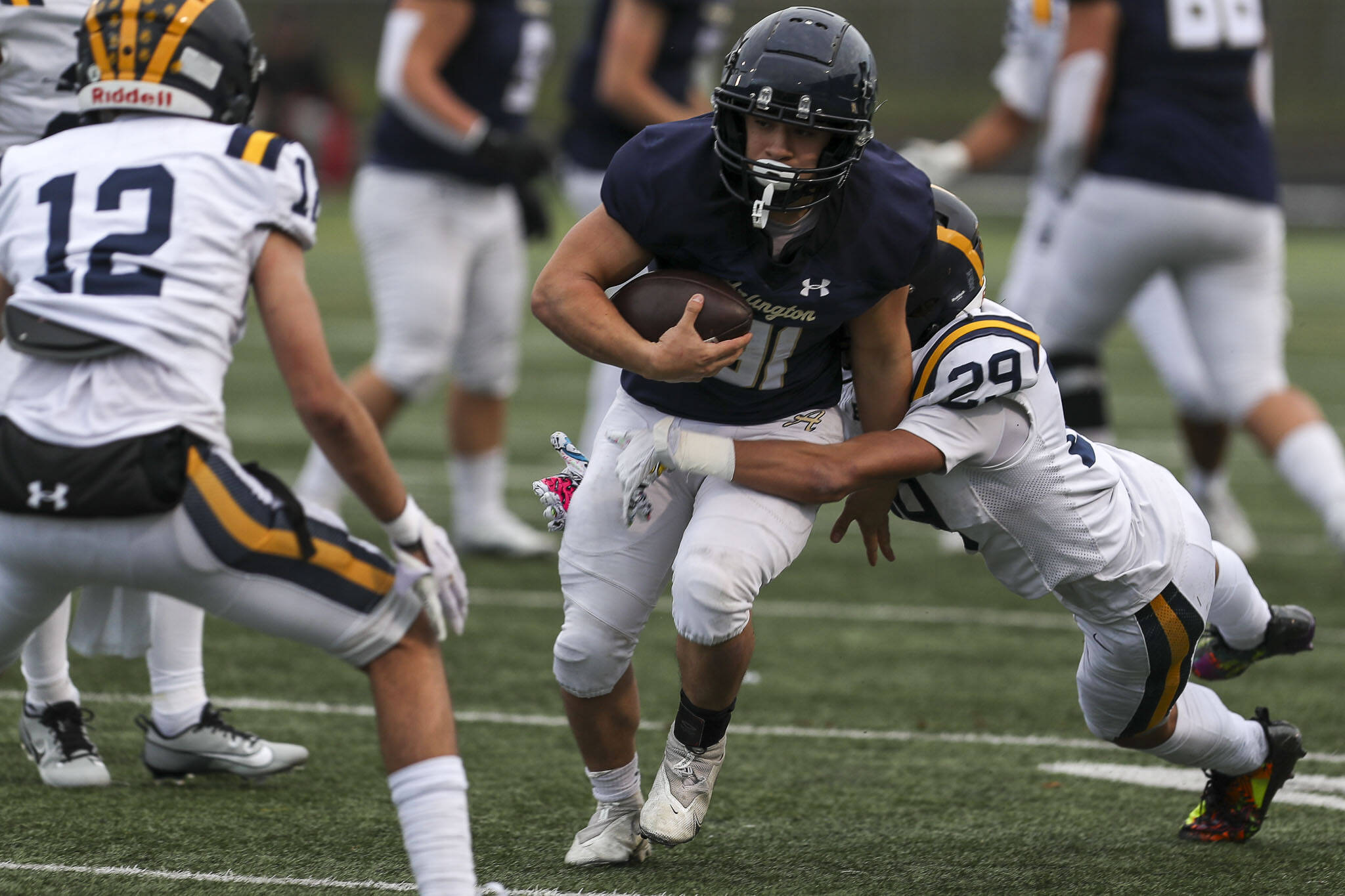 Arlington’s Stevie Balderas (81) is tackled during the Arlington and Bellevue Class 3A state quarterfinal game at Arlington High School in Arlington, Washington on Saturday, Nov. 18, 2023. Arlington lost, 35-17. (Annie Barker / The Herald)