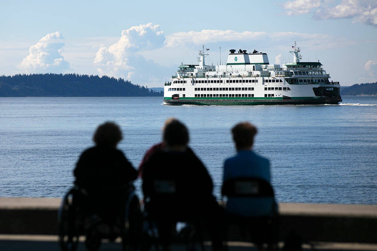 A ferry heads out from Mukilteo towards Clinton during the evening commute Thursday, June 16, 2022, in Mukilteo, Washington. (Ryan Berry / The Herald)
