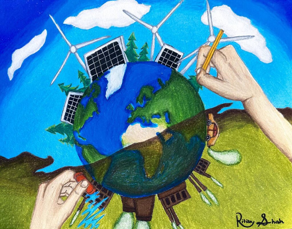 A gallery of artworks was included in this year’s Climate Assessment, including “Redrawing the Earth, by eight-grader Ritika S. Artist’s statement: “In my art, I try to convey that we can help reverse the effects of climate change. One hand is erasing the pollution caused by industrialization the world over, and the other is redrawing actions to restore the Earth’s beauty. I have always tried to help out the Earth, through stream clean ups and more. I hope people learn from my art that they can help change the world by just doing simple things like driving less, not littering, and maybe even setting up solar panels or wind turbines. The effects of climate change are only in our hands, so we should do whatever we can to help.”
