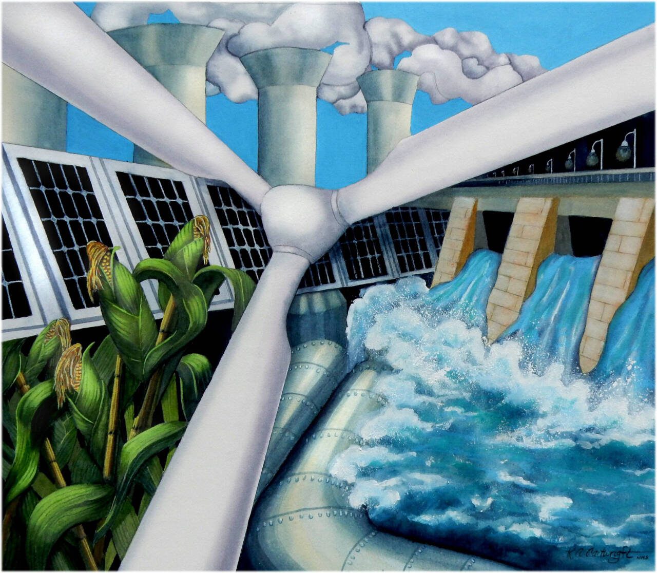 A gallery of artworks was included in this year’s Climate Assessment, including “Alternatives” by Katherine Cartwright. “Alternatives” is an aesthetic interpretation of five viable alternatives to petroleum-based energy: biofuel, wind turbines, geothermal plants, hydroelectric dams, and solar panels. The interconnection of the symbols used for each energy source in the design emphasizes a combined approach to a long-term feasible solution. Environmentally friendly materials used in the creation of this painting include cotton paper and water-based pigments.