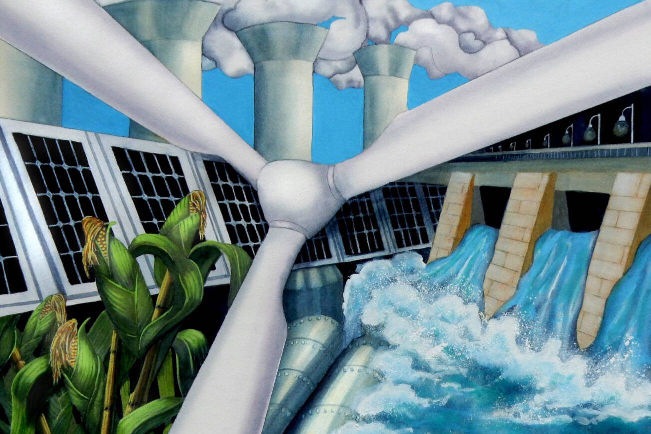 KATHARINE CARTWRIGHT
ALTERNATIVES
(2022, WATERCOLOR)
Artist’s statement: “Alternatives” is an aesthetic interpretation of five viable alternatives to petroleum-based energy: biofuel, wind turbines, geothermal plants, hydroelectric dams, and solar panels. The interconnection of the symbols used for each energy source in the design emphasizes a combined approach to a long-term feasible solution. Environmentally friendly materials used in the creation of this painting include cotton paper and water-based pigments.