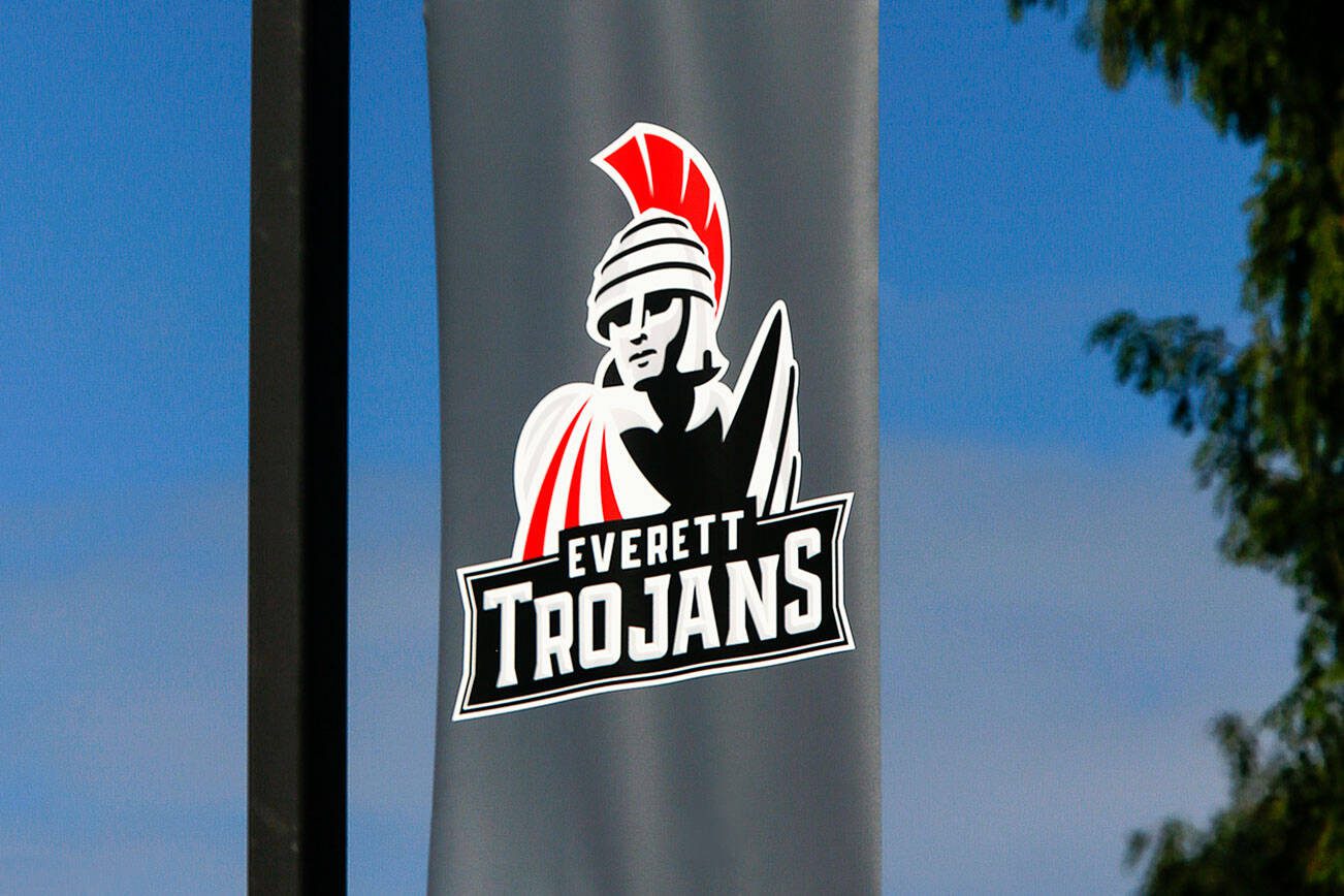 Everett Community College is introducing a new Trojan design as the college's symbol of student spirit and athletics. The design incorporates the Feather Star, EvCC's official logo, in the Trojan's cape.  (Dan Bates / The Herald)