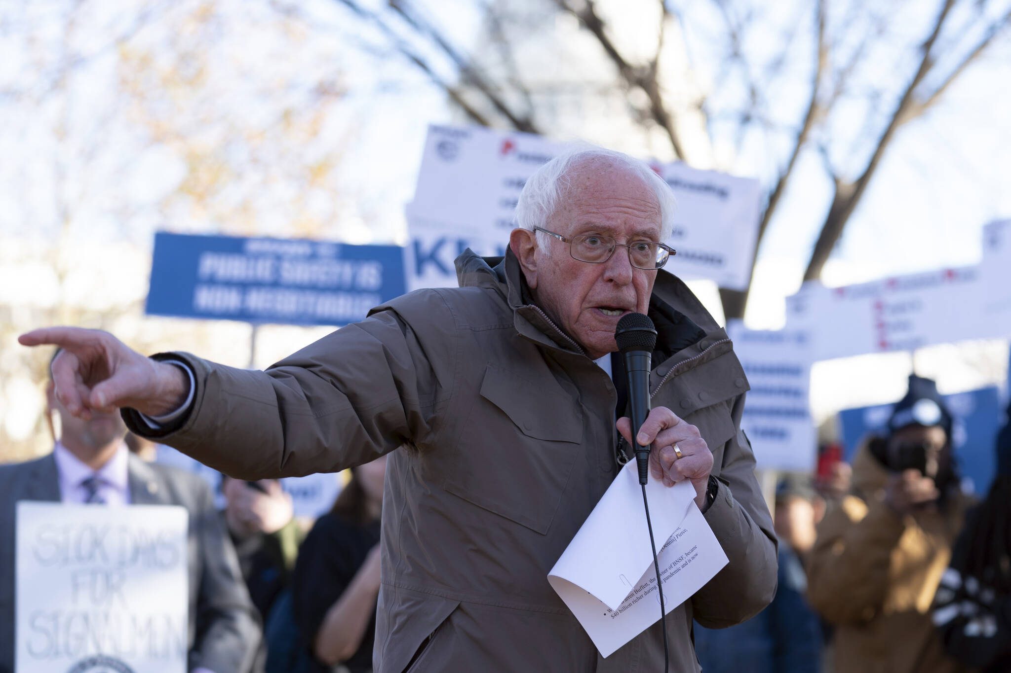 Sen. Bernie Sanders, I-Vt., speaks during a rail union workers rally outside of the U.S. Capitol in Washington, D.C., Tuesday, Dec. 13, 2022. ( AP Photo/Jose Luis Magana)