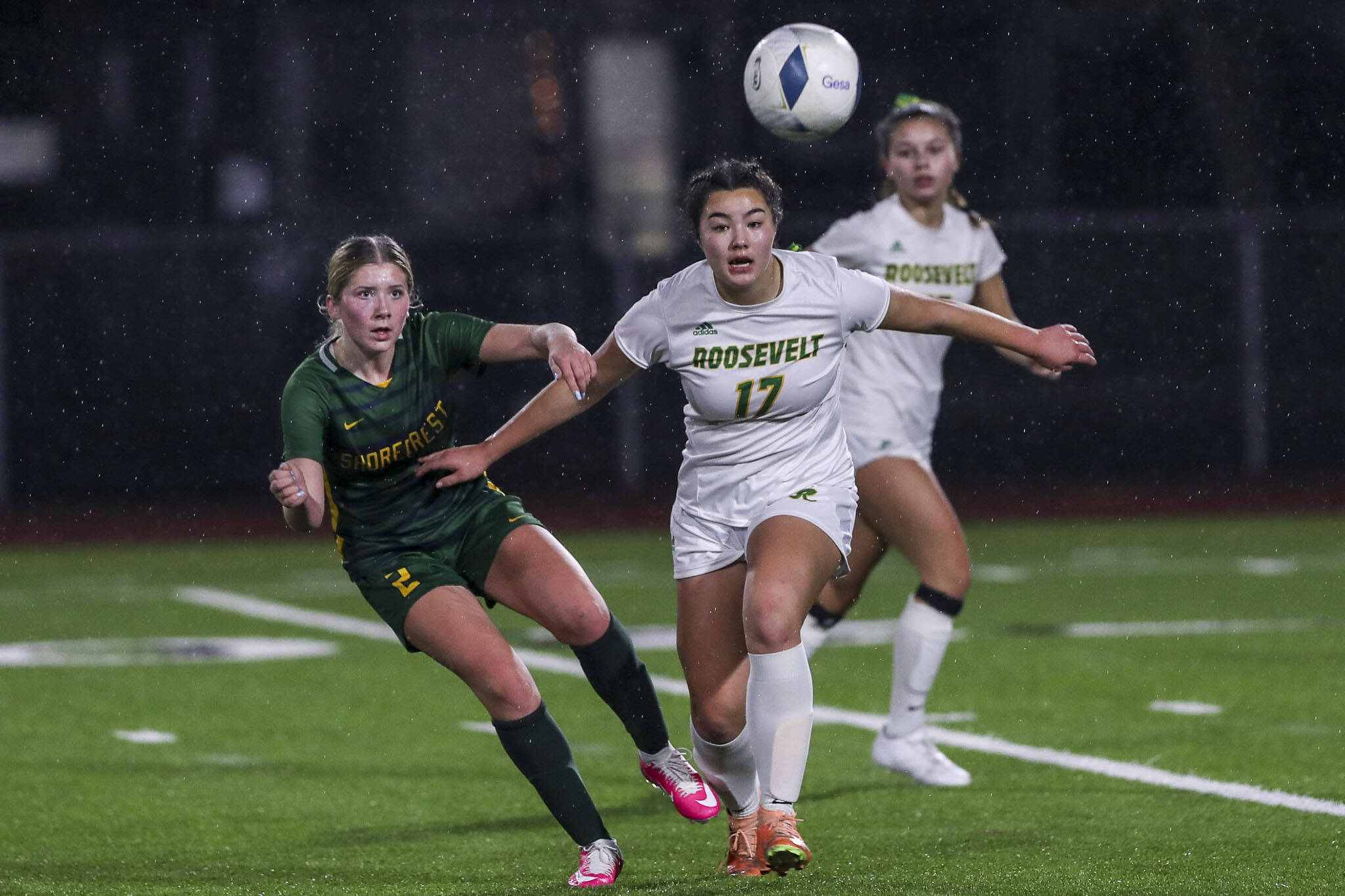 Shorecrest’s Bailey Matthew (2) fights for the ball during the Shorecrest and Roosevelt Class 3A girls soccer state championship game at Sparks Stadium in Puyallup, Washington on Saturday, Nov. 18, 2023. Shorecrest lost, 4-1. (Annie Barker / The Herald)