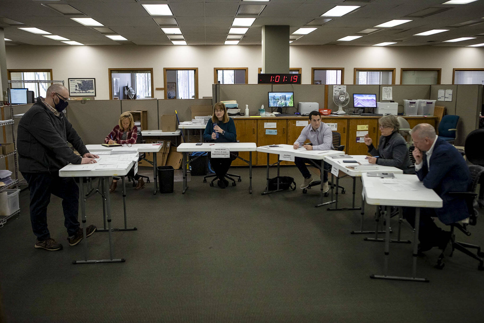 The county canvassing board certifies election results at the Snohomish County Auditor’s Office in Everett, Washington on Tuesday, Nov. 28, 2023.  (Annie Barker / The Herald)